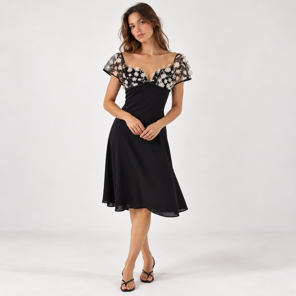Prelude 3D Floral Applique Cocktail Dress Womens Size S Black Wedding Guest Mesh